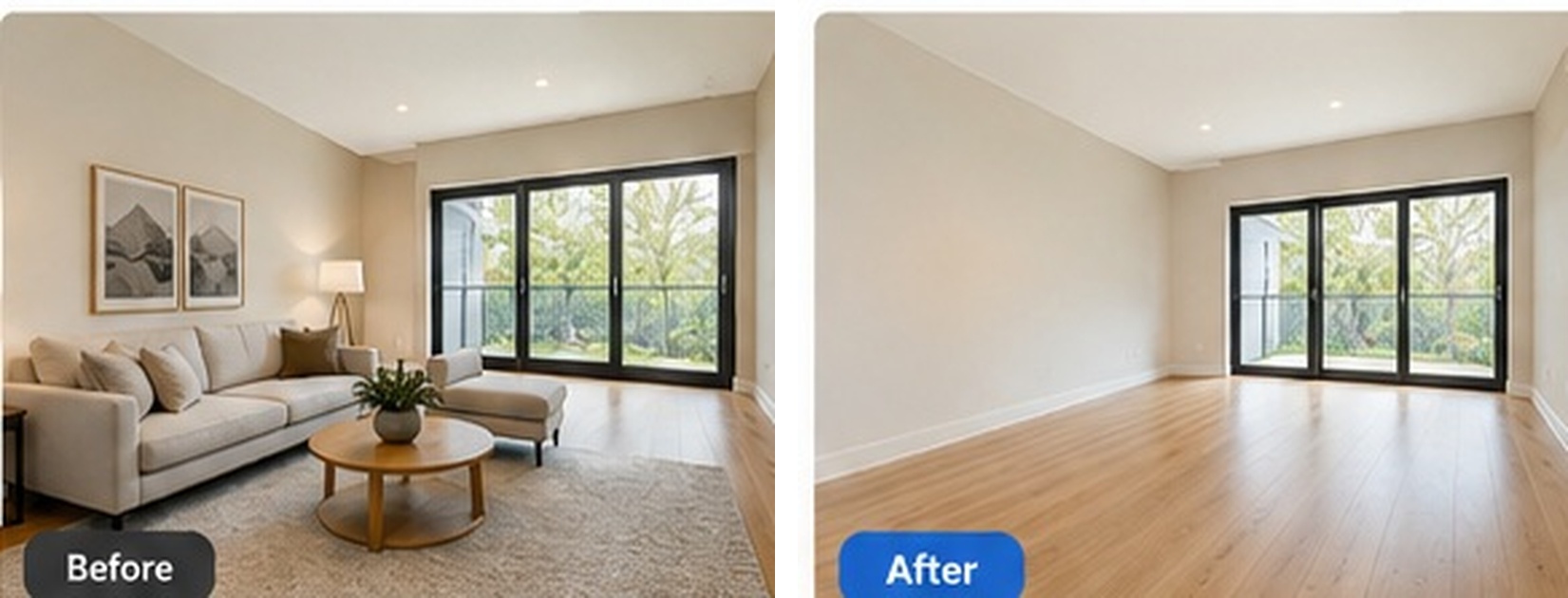 Before and after: a furnished living room and the same room emptied with AI furniture removal